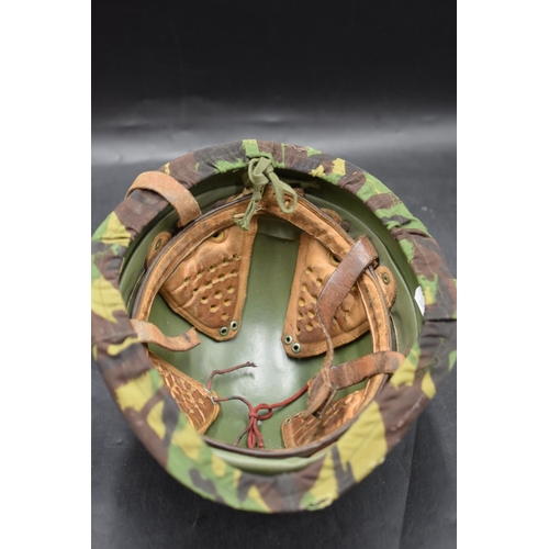 264 - Military Helmet with Leather Liner and Camouflage Cover