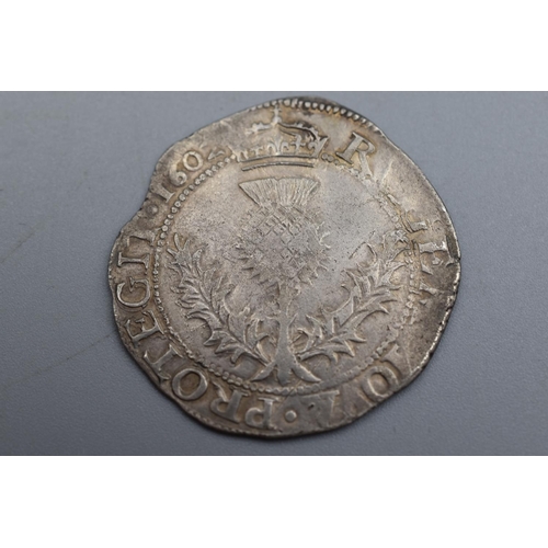 61 - James VI (1567-1625) Silver Thistle Merk with Crown Thistle and Crowned Arms of Scotland to Reverse