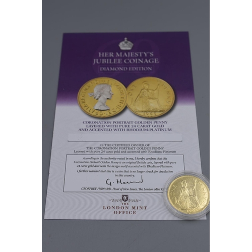 90 - The London Mint Office Pure Gold Layered Coronation Portrait Penny Complete with Certificate of Auth... 