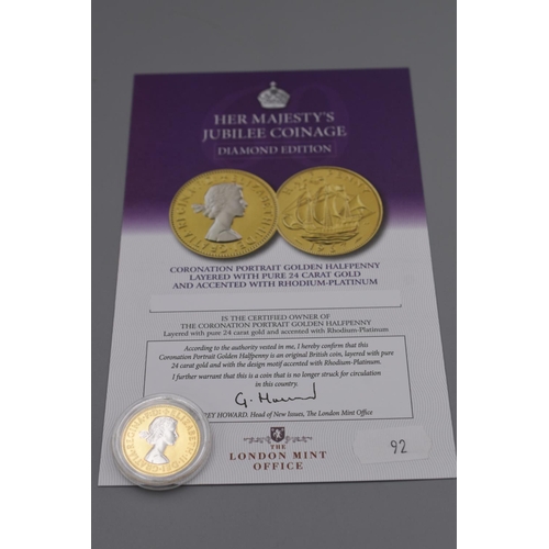 92 - The London Mint Office Pure Gold Layered Coronation Portrait Half Penny Complete with Certificate of... 