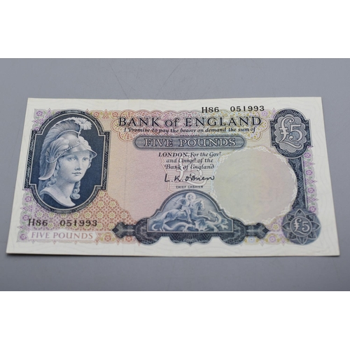 65 - Leslie O'Brien (1955 -1962) Bank of England £5 Bank Note (H86 051993)