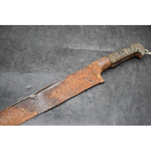 137 - Antique Indo Persian Khyber knife. Horn grips. Very rusty T section. Blade 59 cm long