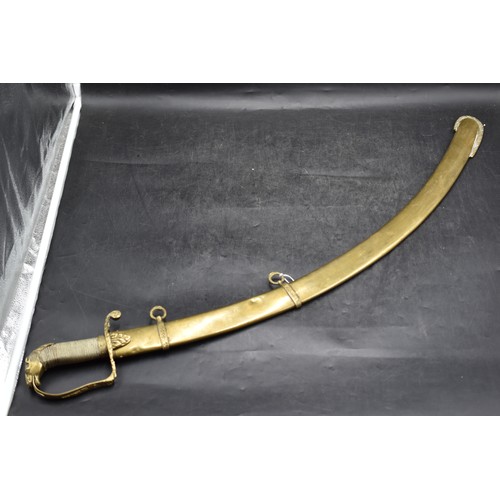 201 - British style Curved Cutlass Sword, brass hilt with a horse head pommel. Brass Scabbard 85cm Long Ov... 