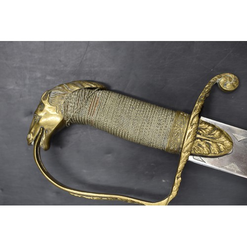 201 - British style Curved Cutlass Sword, brass hilt with a horse head pommel. Brass Scabbard 85cm Long Ov... 