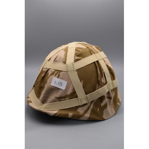 213 - Military Helmet with Leather Lining and Chin Strap with British Military Dessert GS MK6 Camouflage C... 