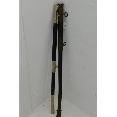 65 - Two leather and brass British Royal Navy officers sword. 85cm long