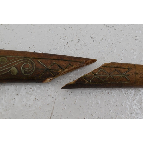 78 - North African Nimcha sword with a metal inlaid wooden hilt and scabbard. 59cm long