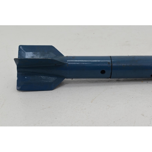 154 - Large blue metal inert RAF aircraft practice bomb with 4 tail fins. 72cm long