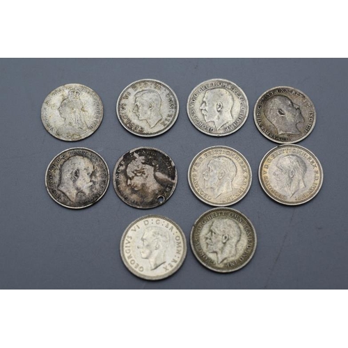 60 - Ten GB Silver Three Pence Coins (1885 - 1940) Mixed Grade