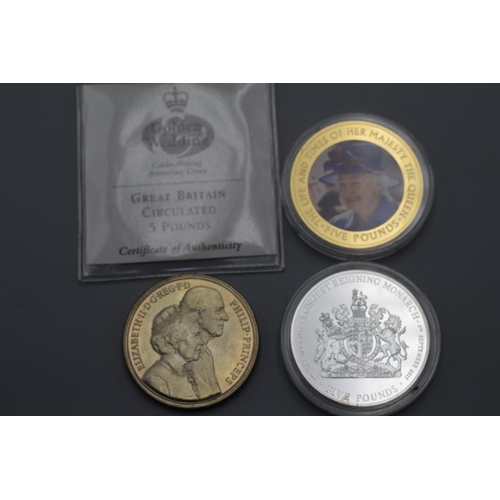 72 - Three £5 Commemorative Coin's including Golden Wedding, Longest Reigning Monarch and The Life and Ti... 