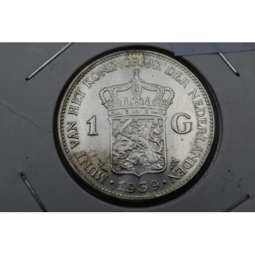 99 - Wilhelmina 1939 Silver 1 Gulden Coin