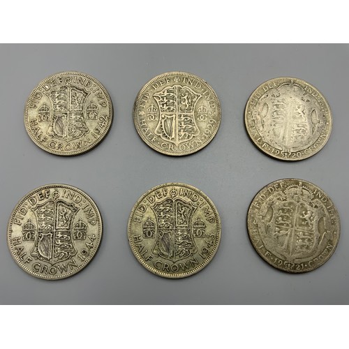 12 - Selection of 6 George V and George VI Silver Half Crowns (1921, 1943, 1944,1920, 1929, 1942)