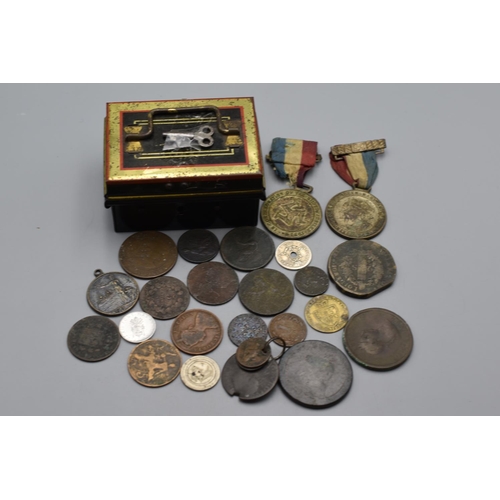 78 - Small Key Operated Lock Box containing a Selection of Coins and Medals