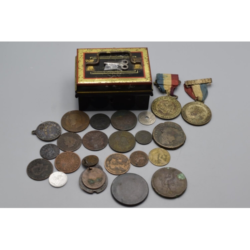 78 - Small Key Operated Lock Box containing a Selection of Coins and Medals