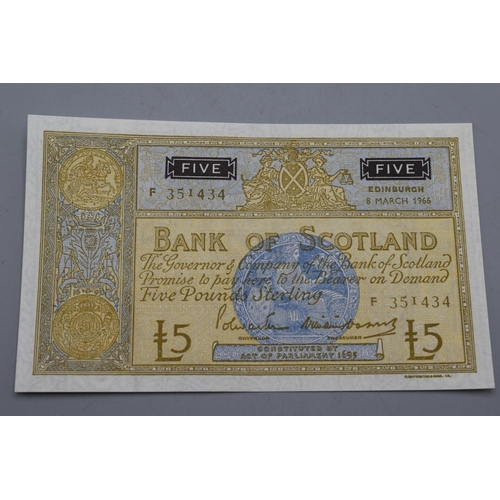 105 - Bank of Scotland Five Pound Sterling Note (Dated 8th March 1966) F351434