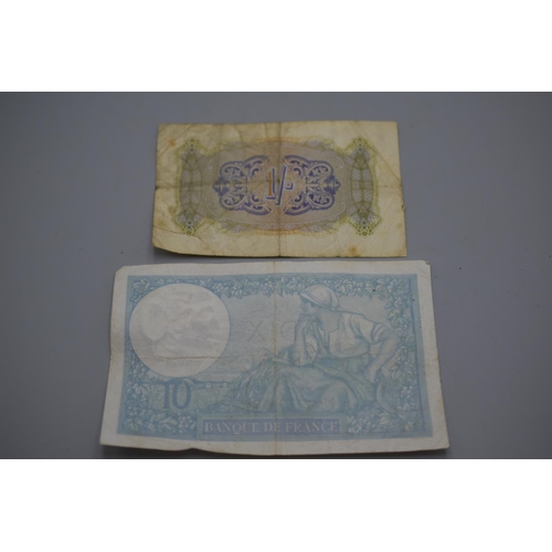 153 - WWII British Military Authority one shilling Banknote and a 1941 French 10 Franc Banknote