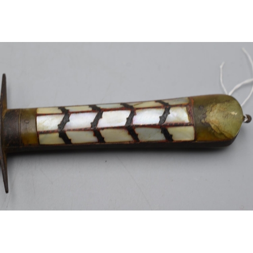 96 - 19th century indo Persian dagger with mother of pearl and green hard stoned grip complete with scabb... 