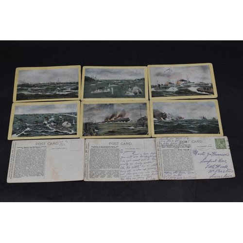 166 - Set of Nine WWI, dated 1914 Postcards Depicting Royal Navy Battles, postmarked Portsmouth 1916