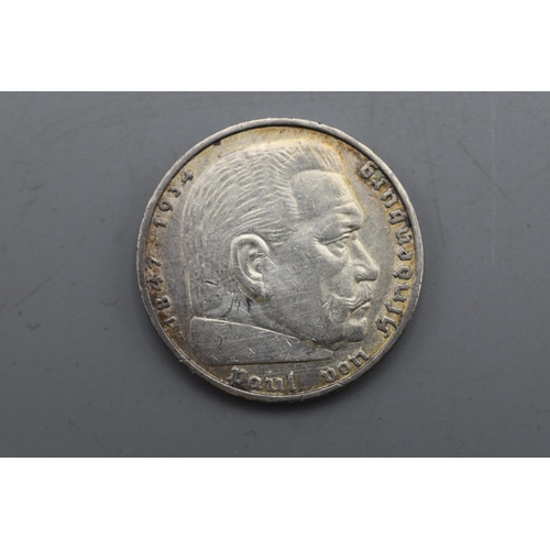 199 - Silver Nazi German 5 Mark Coin with Eagle and Swastika, dated 1938