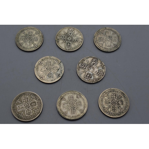 1 - Selection of 8 George V Silver One Florin Coins  (Dated 1920, 1931, 1933, 1929, 1935, 1936, 1921)