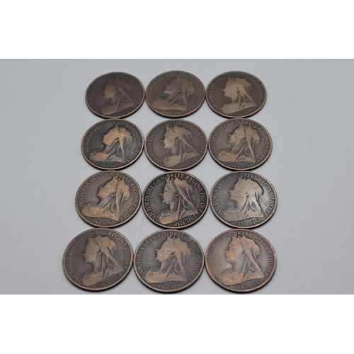 21 - Selection of 12 Victoria Veil head Pennies