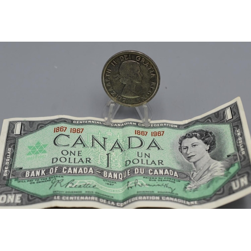 55 - Mixed Selection Including a Canadian 1959 80% Silver Dollar (23g) a 1967 Centenary Note and Other Co... 