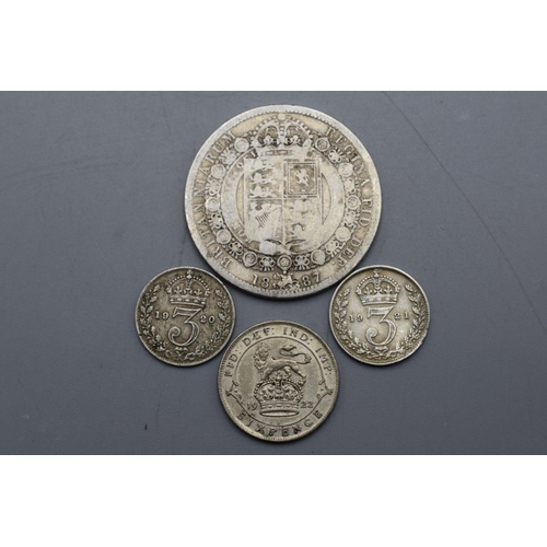 69 - Victoria Jubilee Head 1887 Silver Half Crown,  George V Silver 1922 Sixpence and two Threepence Coin... 