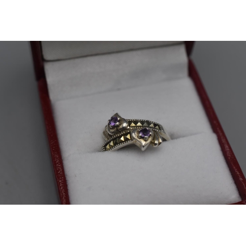 2 - Silver 925 Ring with 2 Purple stones and Heart shaped design with Marcasite rows. Size UK P