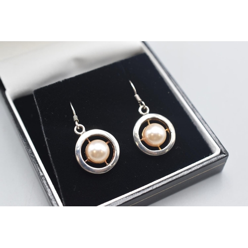 34 - Pair of Silver 925 Round Simulation Pearl Drop Earrings.