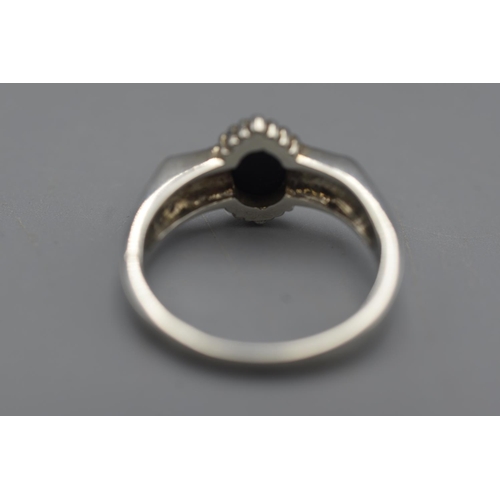 7 - Silver 925 Size UK P, Black Gem with Marcasite sides.