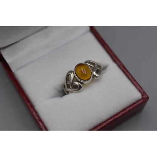 68 - Silver 925 Amber Stoned Celtic Style Ring in Presentation Box Size N