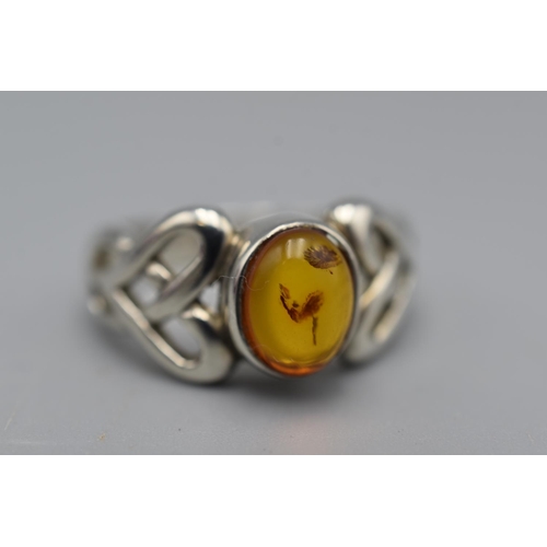 68 - Silver 925 Amber Stoned Celtic Style Ring in Presentation Box Size N