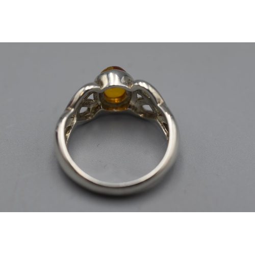 68 - Silver 925 Amber Stoned Celtic Style Ring in Presentation Box Size N