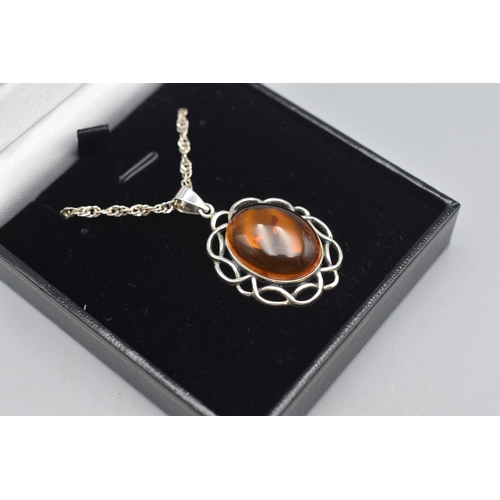 69 - Silver 925 Celtic Style Amber Stoned Pendant Necklace Complete with Presentation Box