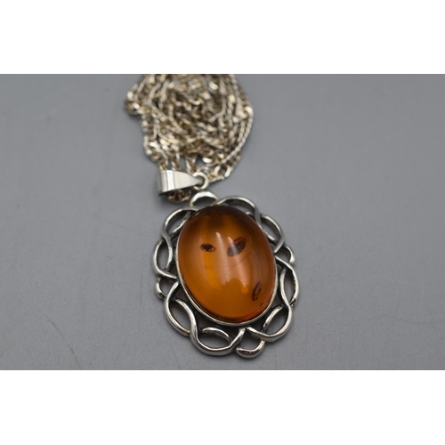 69 - Silver 925 Celtic Style Amber Stoned Pendant Necklace Complete with Presentation Box