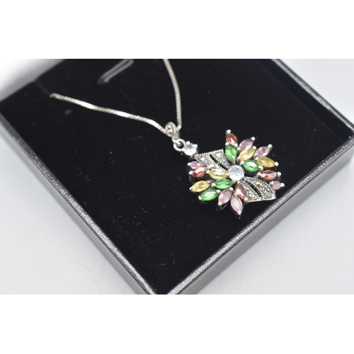 71 - Silver 925 Marcasite and Coloured Stoned Pendant Necklace Complete with Presentation Box