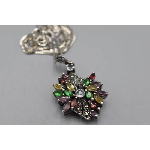 71 - Silver 925 Marcasite and Coloured Stoned Pendant Necklace Complete with Presentation Box