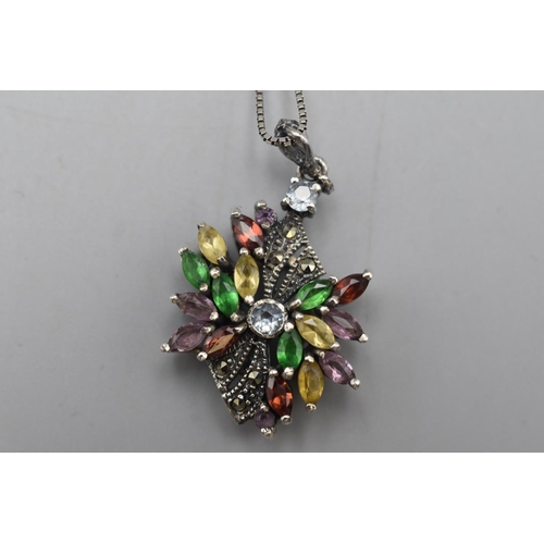 71 - Silver 925 Marcasite and Coloured Stoned Pendant Necklace Complete with Presentation Box