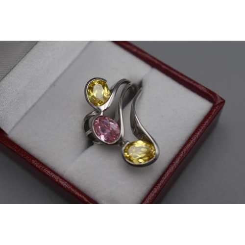 77 - Silver 925 Ring with Three Stone Spread design in Pink and & Yellow complete with Presentation Box S... 