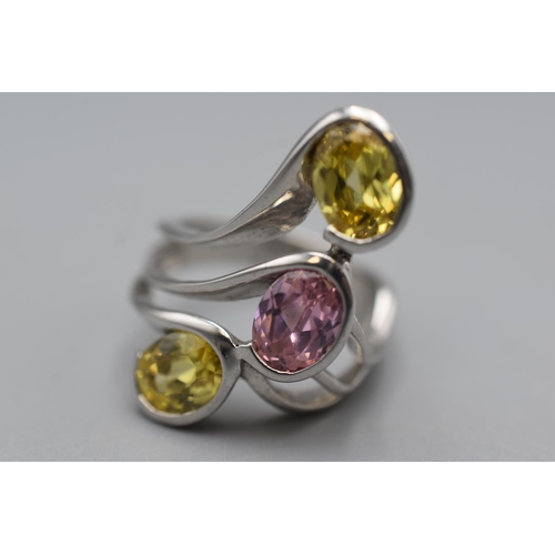 77 - Silver 925 Ring with Three Stone Spread design in Pink and & Yellow complete with Presentation Box S... 