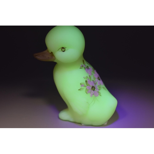 95 - Fenton Hand Painted Vaseline Glass Duck (3.5