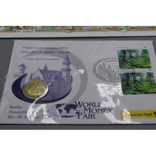 78 - Three Commemorative Coin Covers including 2 Euro World Money Fair, Elizabeth II 70th Birthday £5 and... 