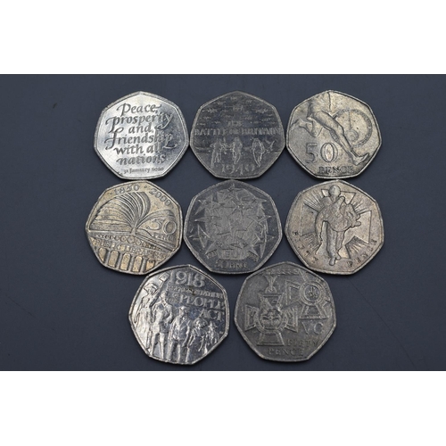 107 - Selection of 50ps to include The Battle of Britain, Public Libraries, Peace Prosperity & Friendship ... 