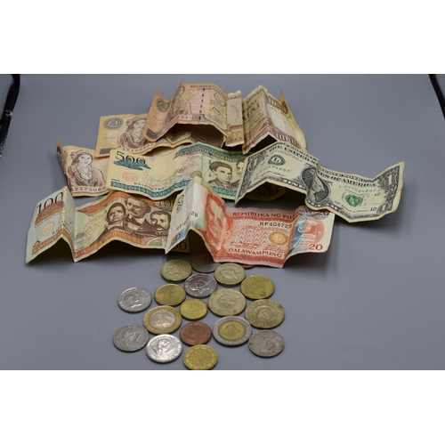 109 - Selection of Foreign Bank Notes and Coins to Include Dollar, Piso, Peso, Pound and More