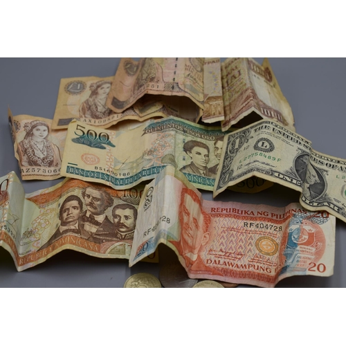 109 - Selection of Foreign Bank Notes and Coins to Include Dollar, Piso, Peso, Pound and More