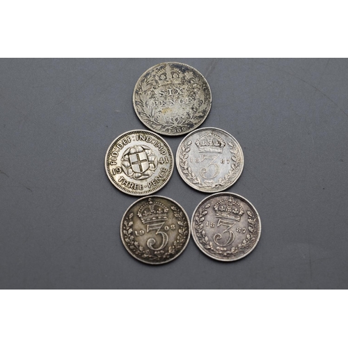 215 - Selection of Silver Coins including a 1909 Sixpence and 4 Threepences (1941, 1887,1908)