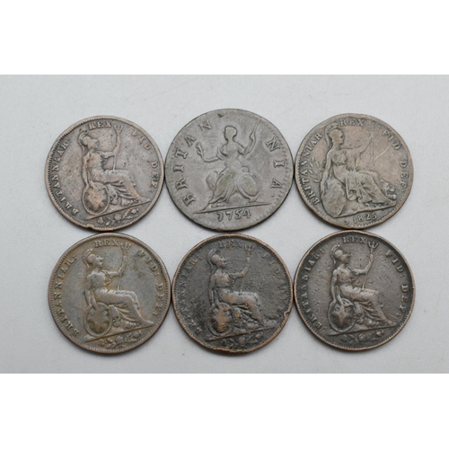 13 - Six Farthings - 1754, 1825, 1826, 1831, 1834 and 1835