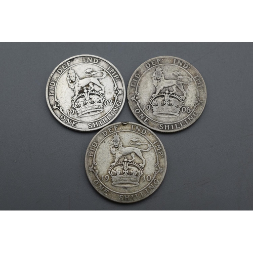 16 - Silver - Edward VII - One Shilling x3 - 1902. 1906 and 1910