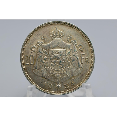 30 - Silver - Belgium - 20 Francs - Albert I - 1934