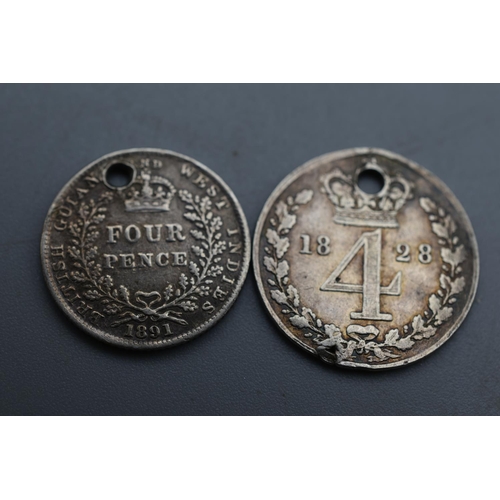 62 - Two Silver Four Pence Pieces - George IIII, 1828 and Victoria Guiana, 1891